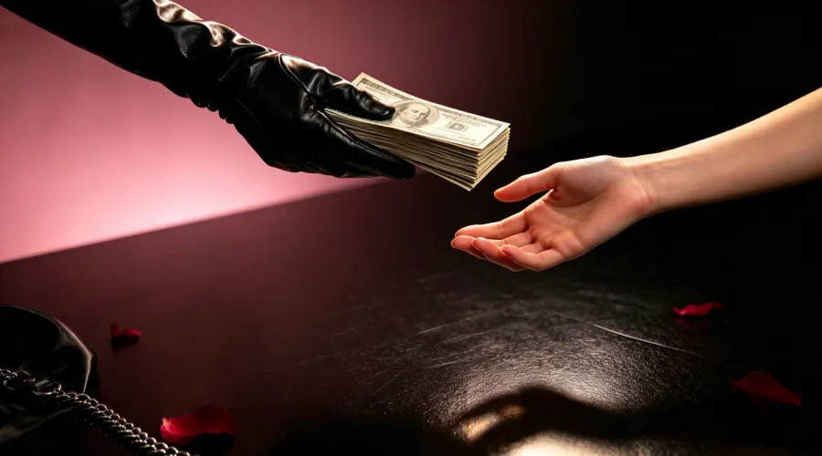 A gloved hand offering a cash tribute to an open hand in a dark Findom setting