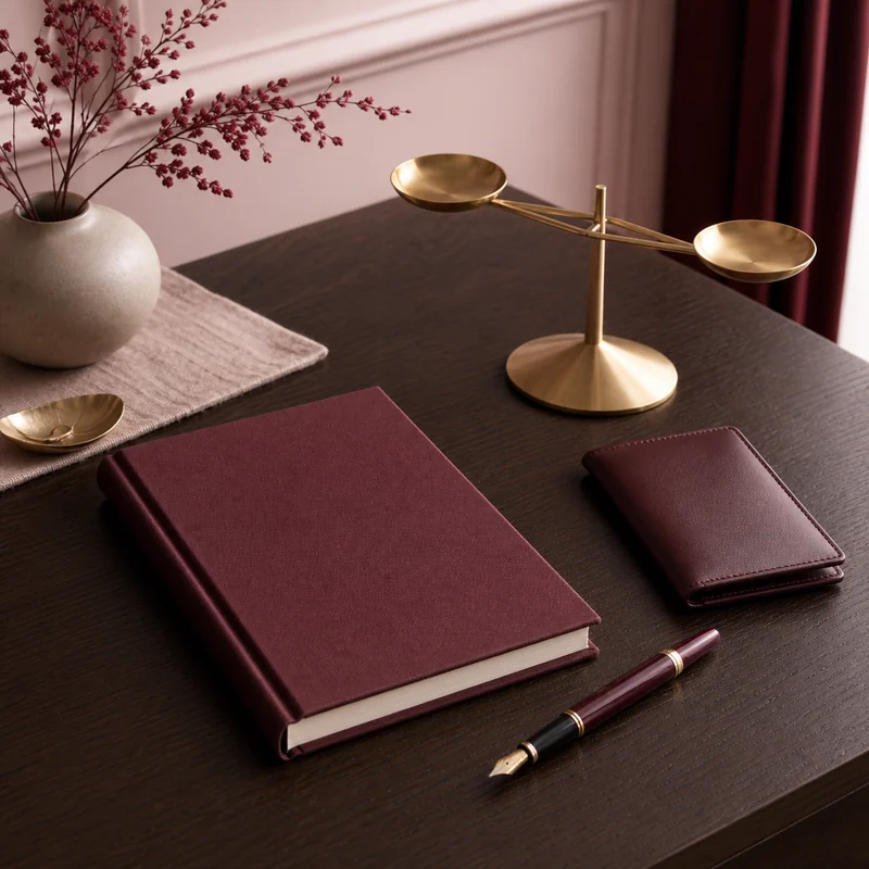 Burgundy notebook, wallet, fountain pen, and brass balance arranged on a desk