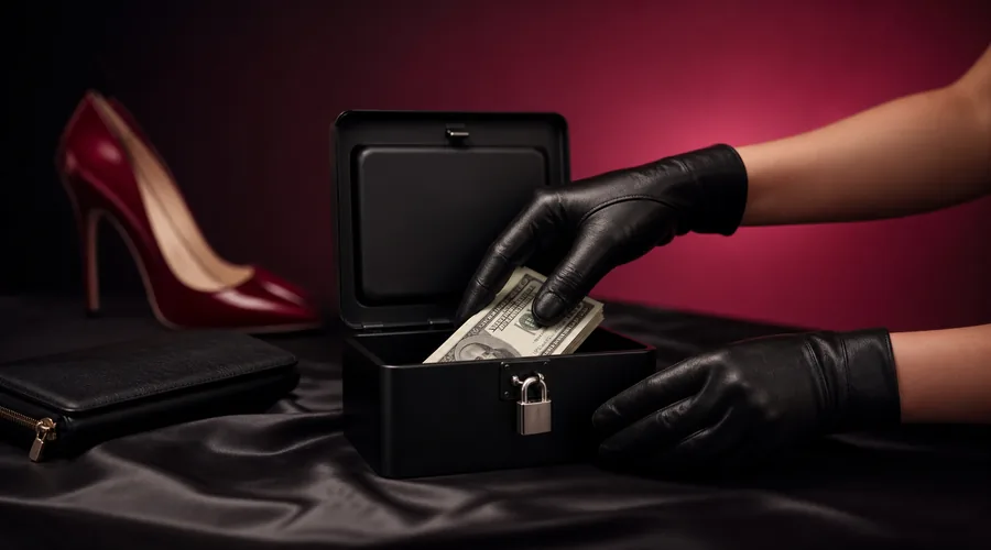 A gloved woman placing a controlled amount of money into a locked cash box