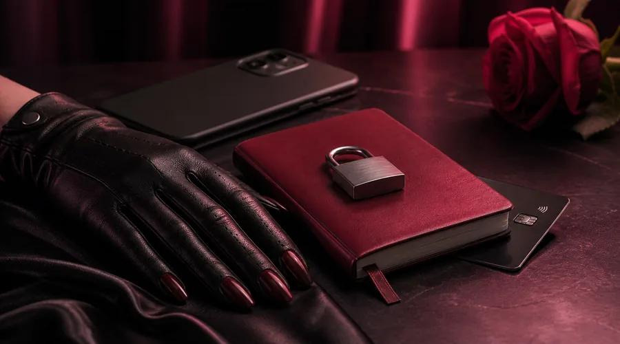 A locked red notebook beside a private smartphone and payment card