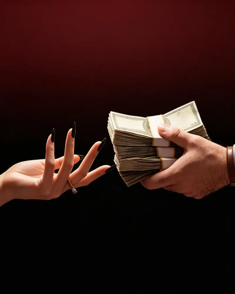 Two hands completing a cash tribute against a dark burgundy background