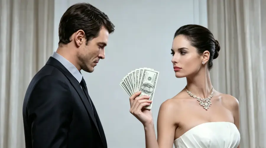 A confident woman holding cash while a formally dressed man stands beside her