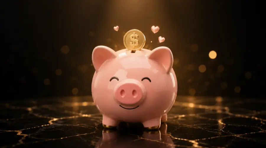 A pink piggy bank receiving a gold coin against a dark background